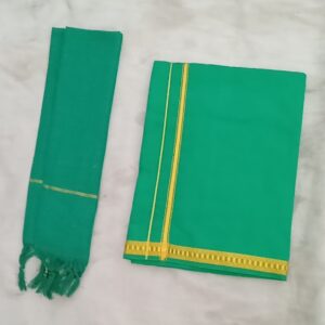 Men’s Cotton Blend Green Dhoti and Towel Set – Solid Pattern, Overlocked Edges, Size 1.23 x 1.87 M