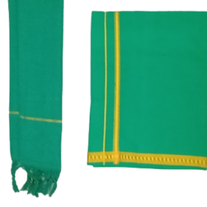 Men’s Cotton Blend Green Dhoti and Towel Set – Solid Pattern, Overlocked Edges, Size 1.23 x 1.87 M
