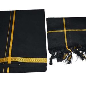 Men’s Cotton Blend Black Dhoti and Towel Set – Solid Pattern, Overlocked Edges, Size 1.23 x 1.87 M