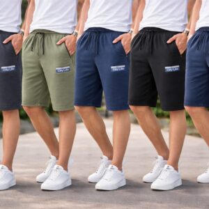 Home Export Quality Men’s Cotton Shorts with Zippered Pockets, Elastic Waist Drawstring, Combo Pack of 5, Sports and Casual Wear Size 2XL Green